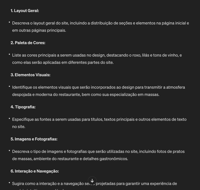 Exemplo de uma estrutura de design da Web sugerida pelo ChatGPT