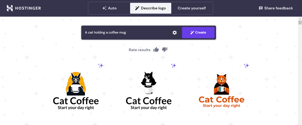 Usando o Criador de Logos da Hostinger para criar designs de logotipo de um gato segurando uma caneca de caf&eacute;
