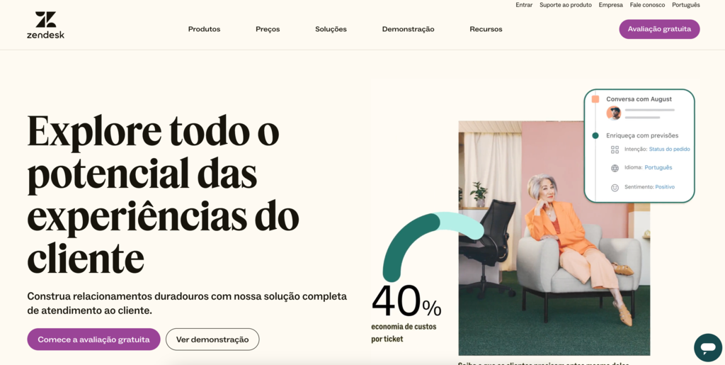 P&aacute;gina inicial da plataforma de chatbot Zendesk