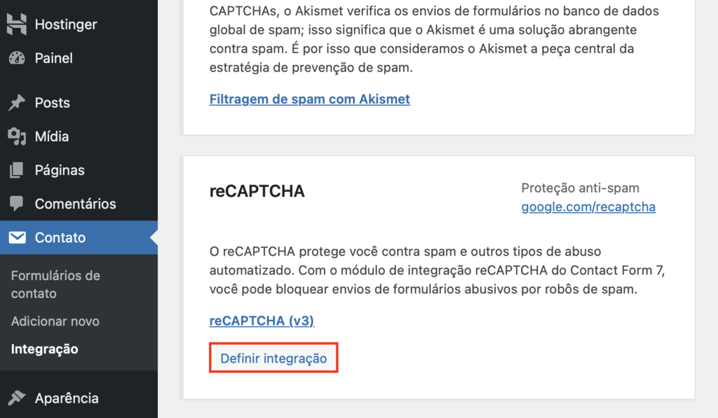bot&atilde;o definir integra&ccedil;&atilde;o recaptcha no plugin contact form 7 para wordpress