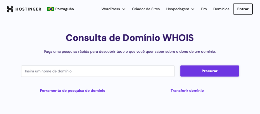 ferramenta de pesquisa de dom&iacute;nio whois lookup da hostinger