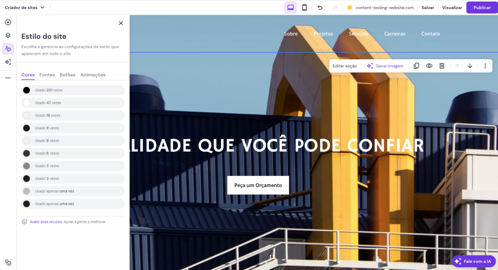 análise de paleta de cores do site no criador de sites da hostinger