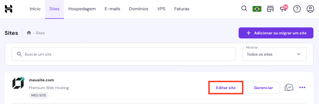 botão editar site no menu sites do hpanel