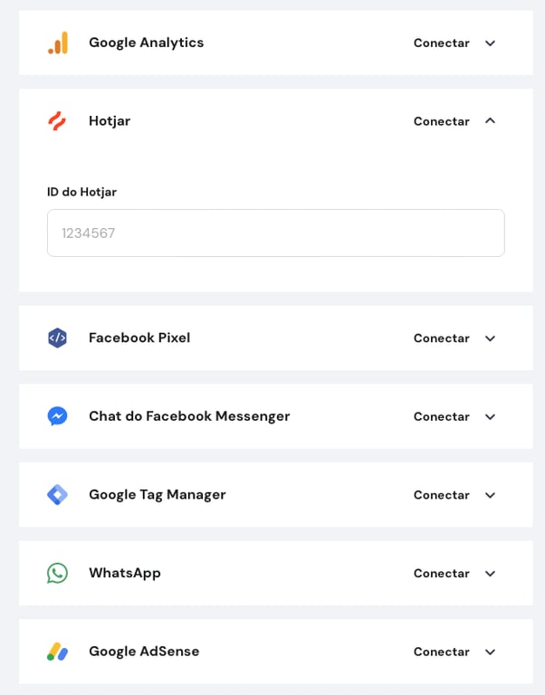 integrações do criador de sites da hostinger