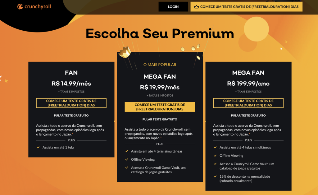 modelo de acesso em n&iacute;veis do crunchyroll