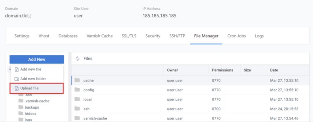 op&ccedil;&atilde;o upload file no cloudpanel
