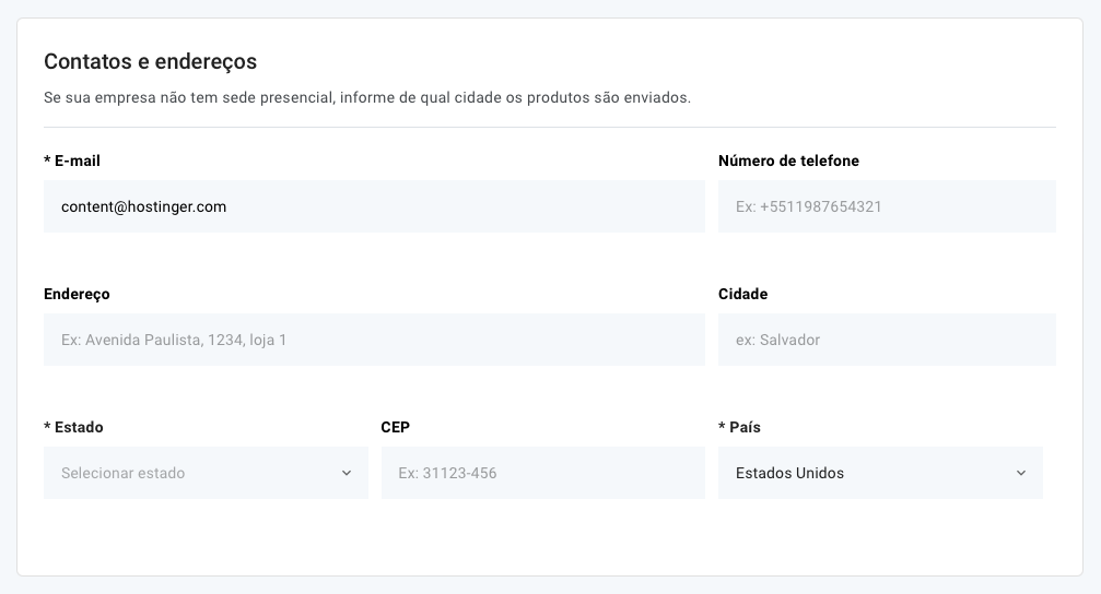 personalizando informa&ccedil;&otilde;es da empresa no gerenciador de loja virtual do criador de sites da hostinger