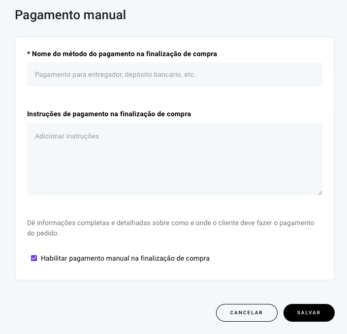op&ccedil;&atilde;o de pagamento manual na loja virtual do criador de sites da hostinger