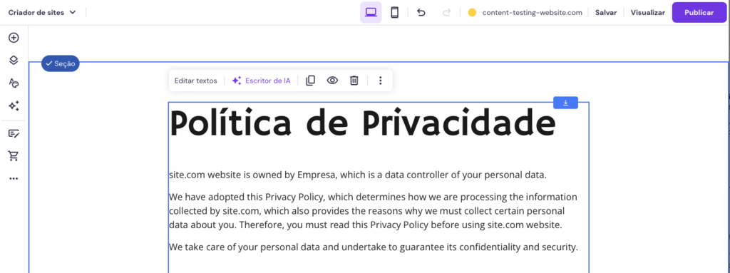 pol&iacute;tica de privacidade no criador de sites da hostinger