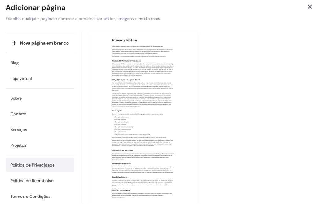 adicionando p&aacute;ginas de avisos legais (pol&iacute;tica de privacidade, pol&iacute;tica de reembolsos e termos e condi&ccedil;&otilde;es) no criador de sites da hostinger