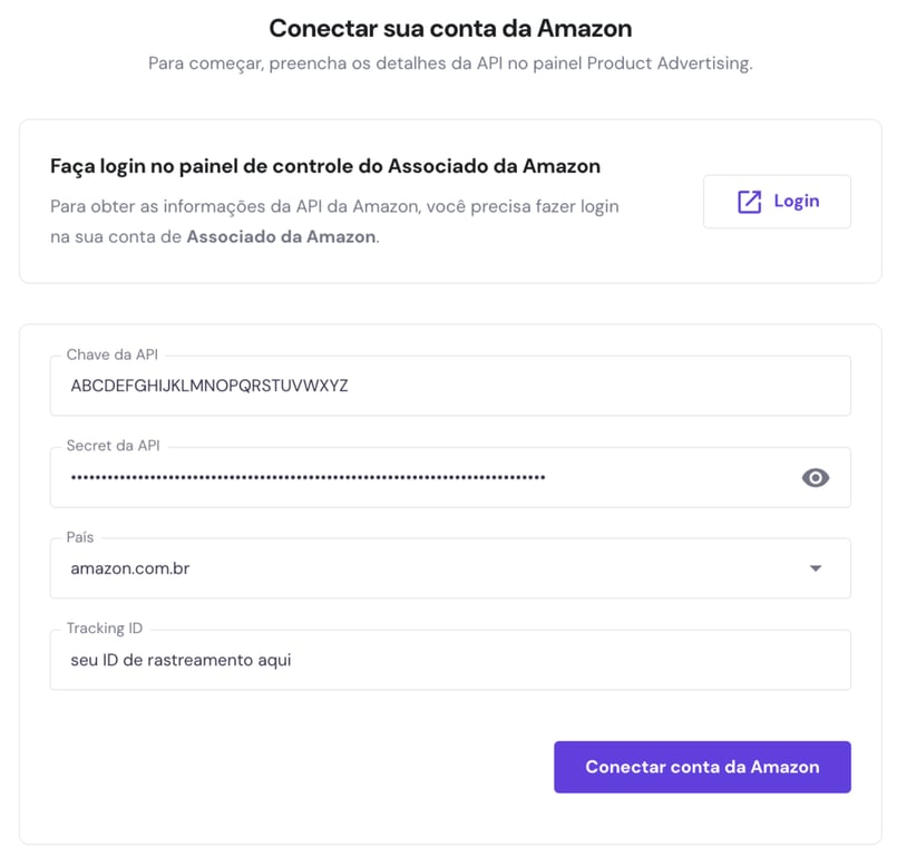 Janela de conectar conta amazon ao WordPress