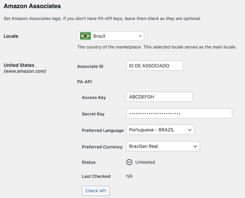 janela de conectar conta amazon ao plugin Auto Amazon Links