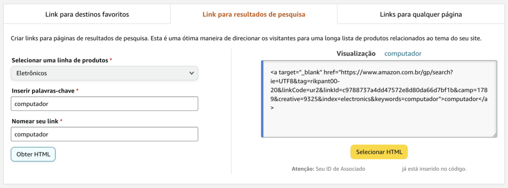 Página para obter código HTML de um produto amazon