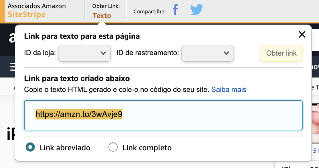 extensão SiteStripe coletando link de produto na Amazon