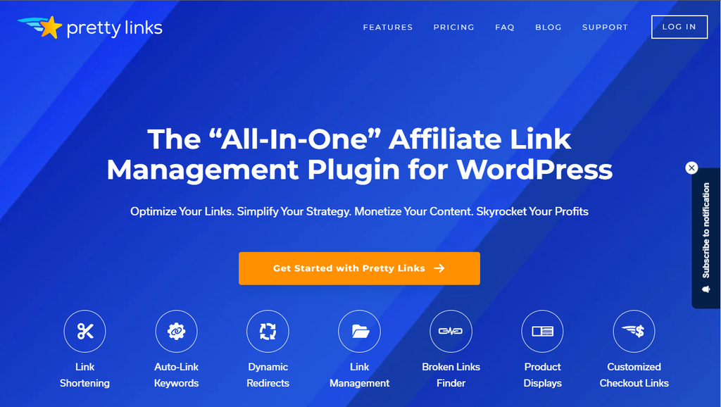 página na web do plugin pretty links para afiliado amazon