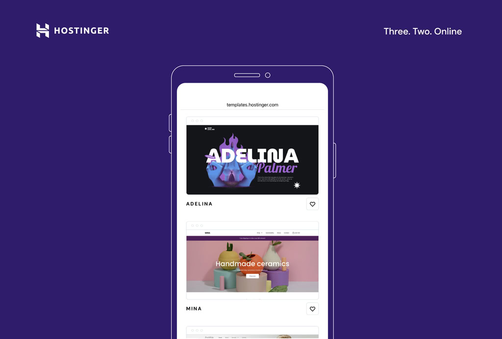 escolhendo template no editor mobile da hostinger
