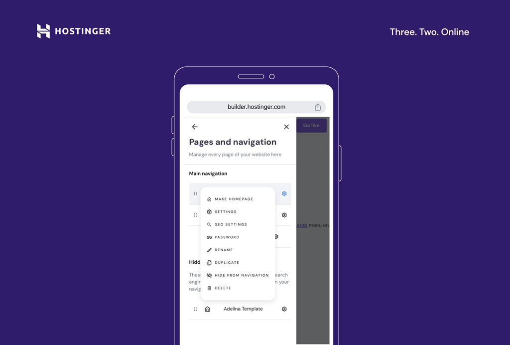 editando metadados de página na seção páginas e navegação do editor mobile da hostinger