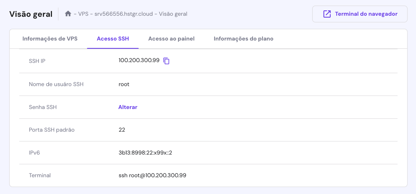 Painel do VPS mostrando os detalhes do servidor