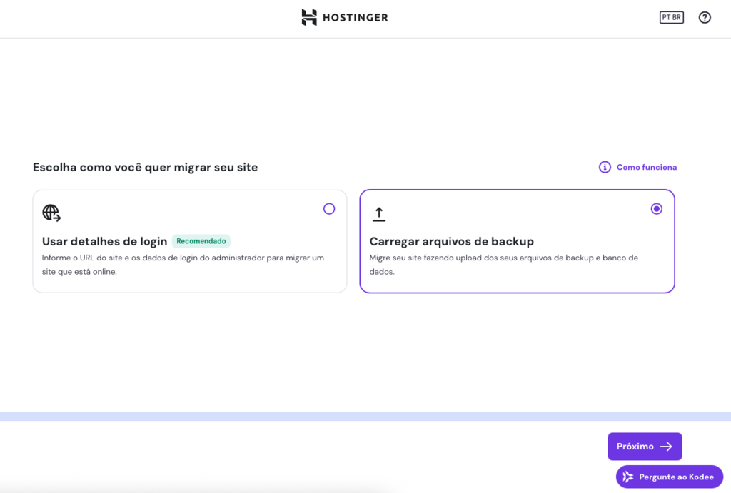opção de carregar arquivos de backup ao migrar site no hpanel