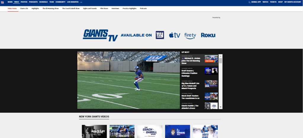 Página de vídeos do time NY Giants