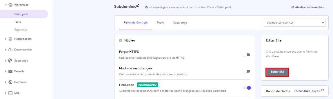 Destaque para o bot&atilde;o de Editar site localizado na se&ccedil;&atilde;o de vis&atilde;o geral do hPanel