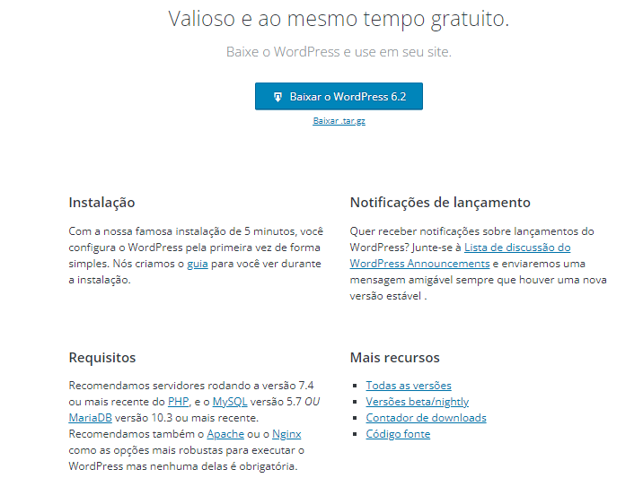 P&aacute;gina de download do site do WordPress
