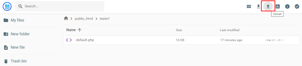 Destaque para o bot&atilde;o de upload/envio na pasta do subdom&iacute;nio pelo gerenciador de arquivos da hostinger