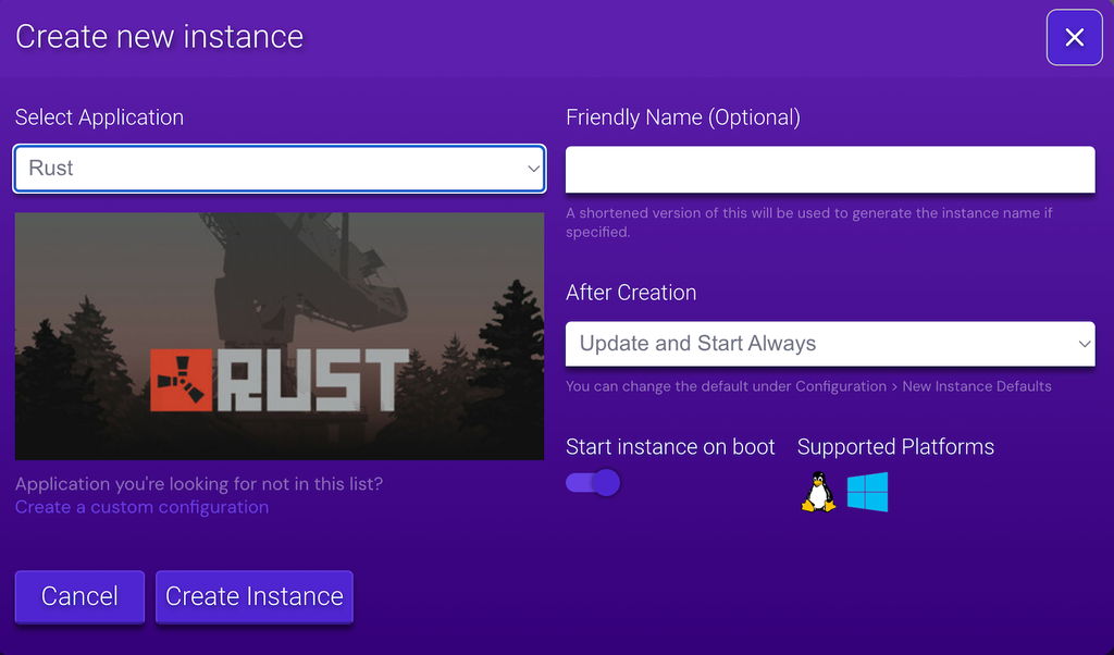 criando inst&acirc;ncia rust no game panel da hostinger