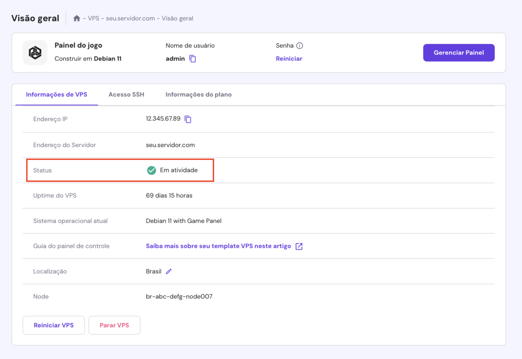 verificando se o servidor vps est&aacute; em atividade no hpanel (game panel)