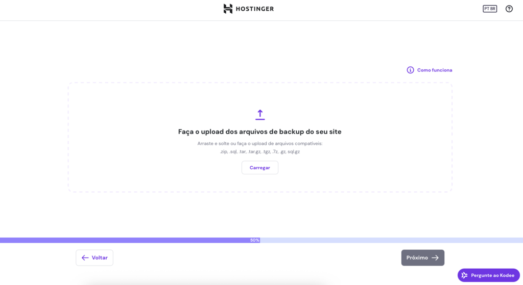 opção de fazer upload de arquivos de backup ao migrar site no hpanel