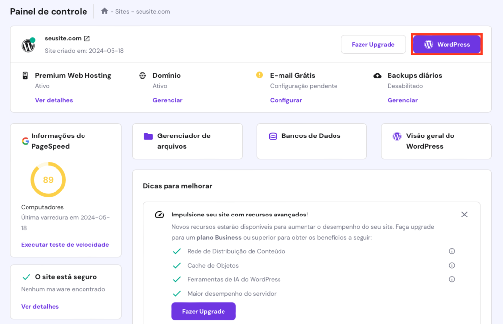 bot&atilde;o "wordpress" de acesso ao painel de controle do wordpress na vis&atilde;o geral do hpanel