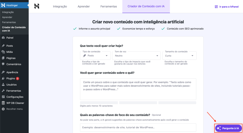 Painel do WordPress mostrando o bot&atilde;o de perguntar &aacute; IA