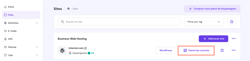 hPanel mostrando o bot&atilde;o de Painel de controle