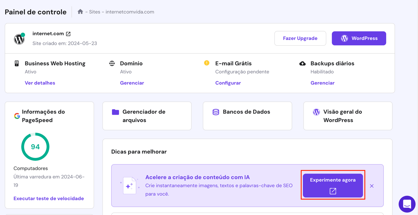 hPanel com o bot&atilde;o de experimente agora da ferramenta de IA