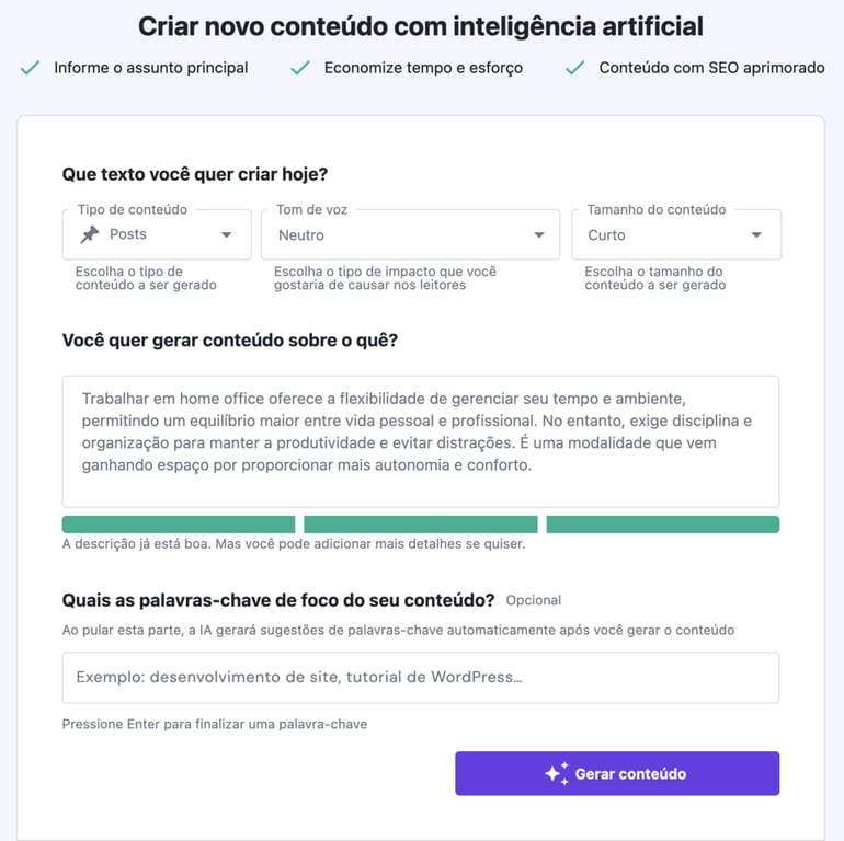 Tela de criador de conte&uacute;do com intelig&ecirc;ncia artificial