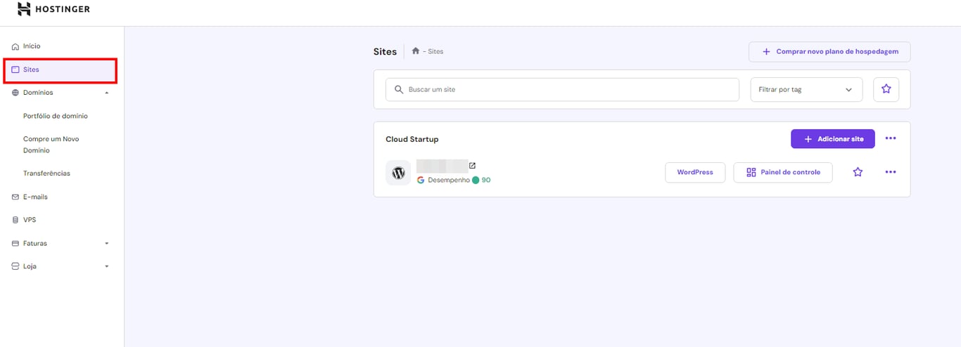 Se&ccedil;&atilde;o In&iacute;cio na conta da Hostinger