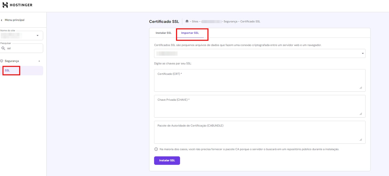 Op&ccedil;&atilde;o para Importar SSL no hPanel