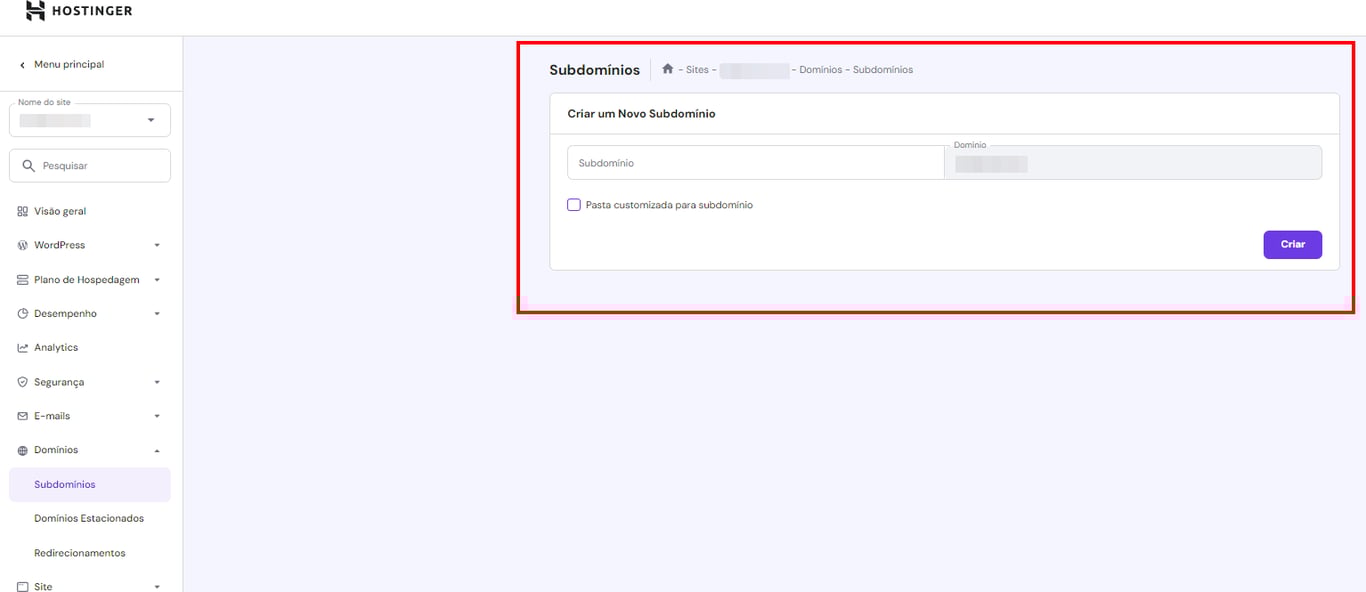 Se&ccedil;&atilde;o Criar um Subdom&iacute;nio no hPanel