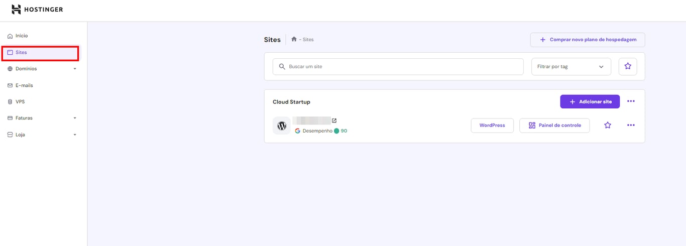 Se&ccedil;&atilde;o Sites no hPanel
