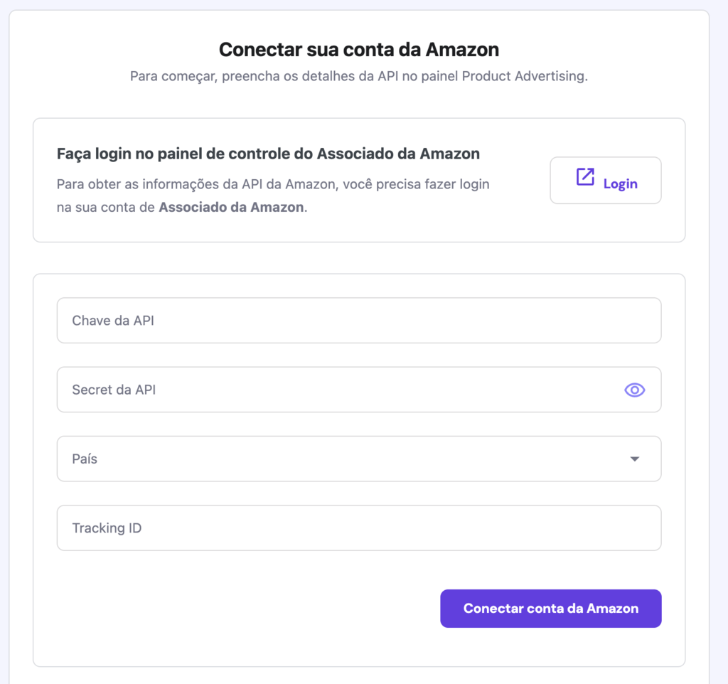 Tela para conectar conta da Amazon ao WordPress