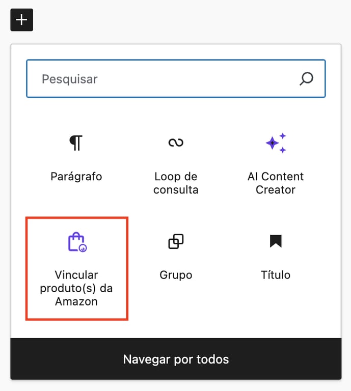 Cria&ccedil;&atilde;o de bloco para Vincular produto da Amazon