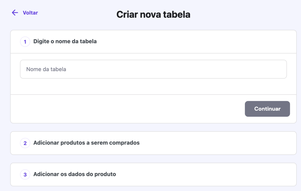 Cria&ccedil;&atilde;o de tabela de compara&ccedil;&otilde;es