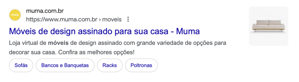 exemplo de tag de t&iacute;tulo e metadescri&ccedil;&atilde;o da loja de m&oacute;veis Muma no Google
