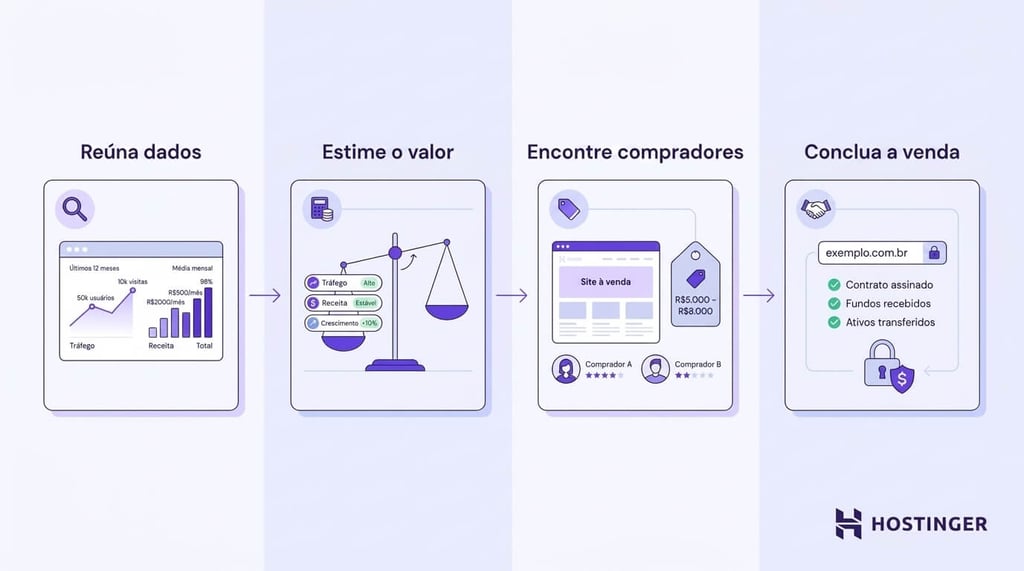 Fluxo de quatro etapas para vender um site: reunir dados de desempenho, estimar o valor, encontrar compradores e concluir a transferência com segurança.