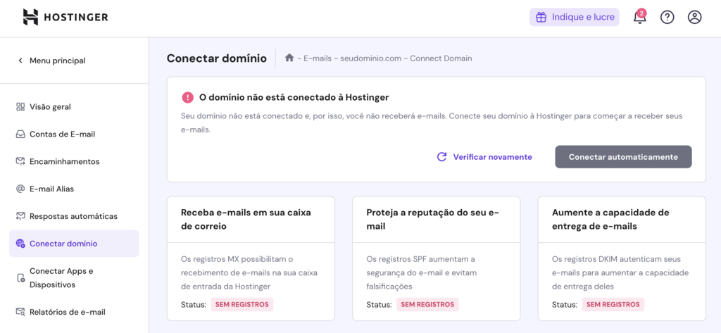 conectar dom&iacute;nio ao email no hpanel