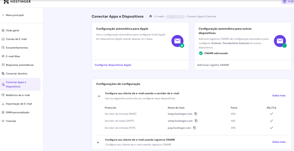 configuração de email no hpanel