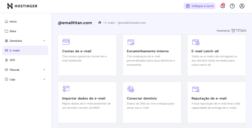 op&ccedil;&atilde;o contas de email no email titan