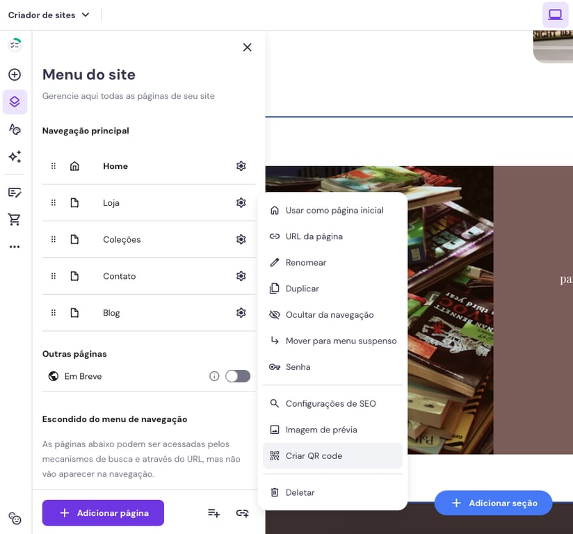 gerando qr code para p&aacute;gina no criador de sites da hostinger