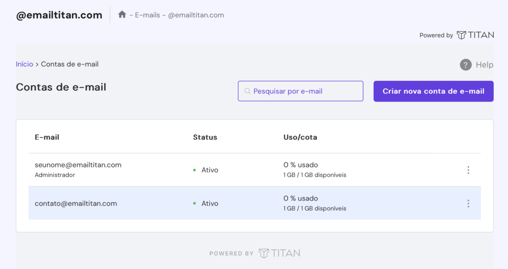 contas de email titan com op&ccedil;&atilde;o de criar conta de email no hpanel