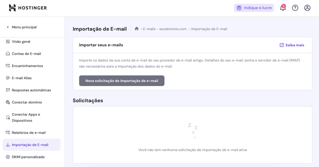 tela de importa&ccedil;&atilde;o de email no hpanel